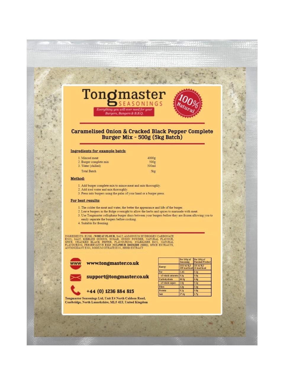 Caramelised  Onion & Cracked Black Pepper Complete Burger Mix - 500g (5kg Batch)