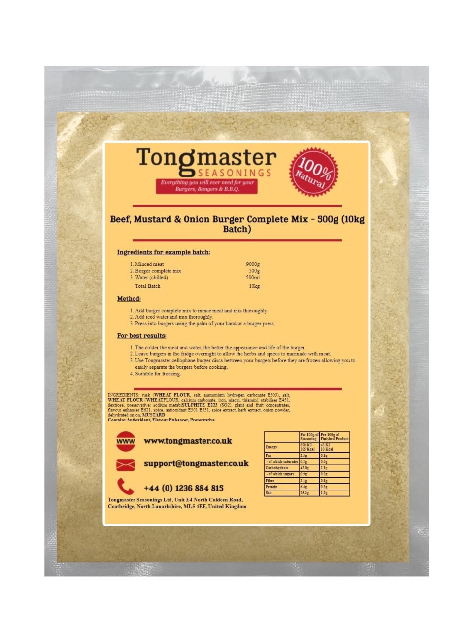 Beef, Mustard & Onion Burger Complete Mix - 500g (10kg Batch)